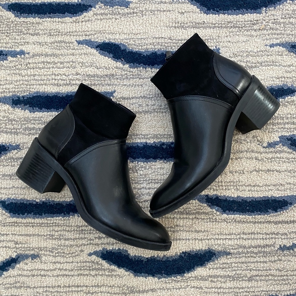 Zara Black Bootie Contrast Ankle Block Heel Leather Suede Size 40 / 9